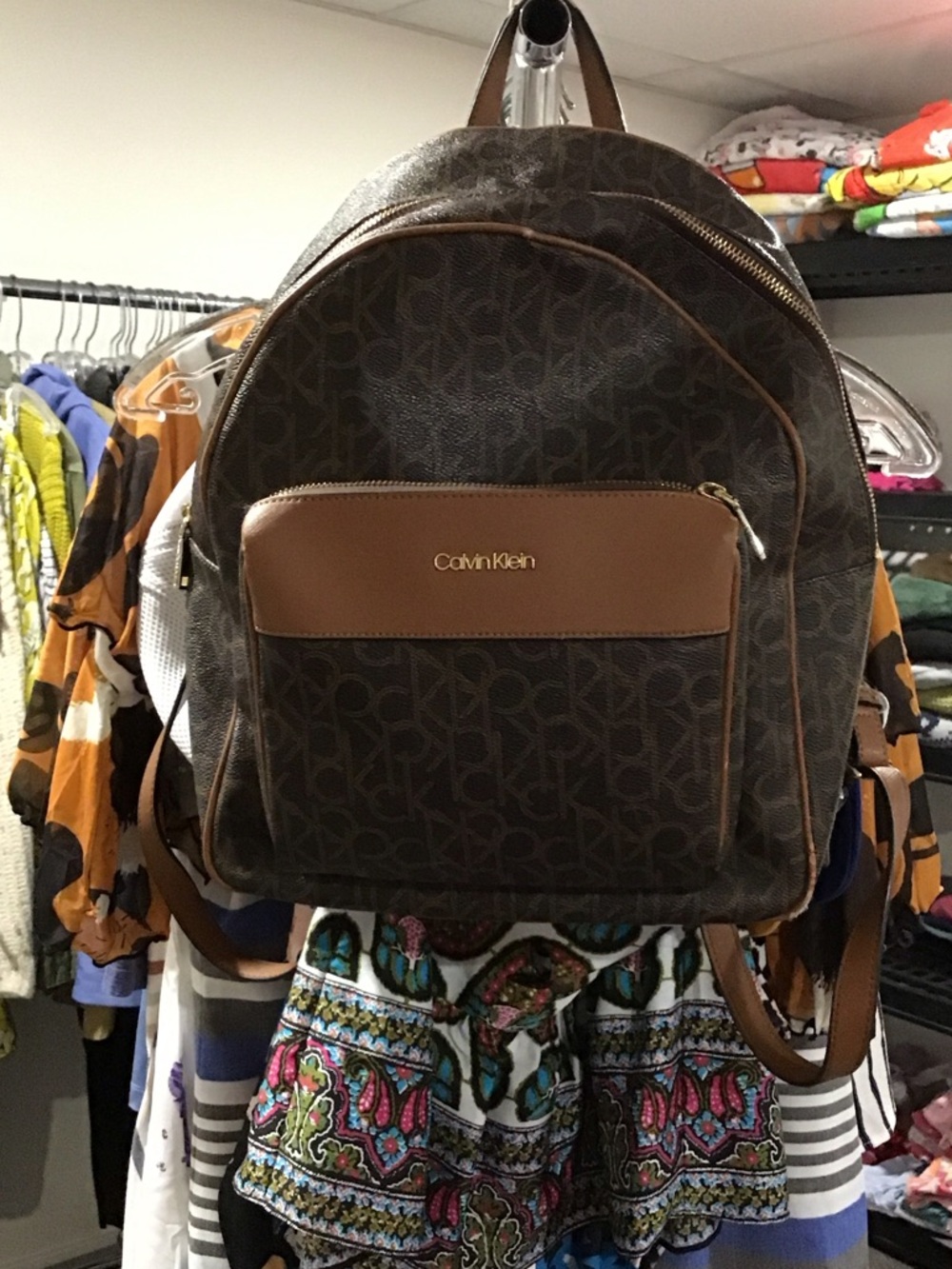 Calvin Klein Brown Monogram Backpack with Tan Accents